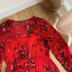 Vibrant Red Floral Dress with Long Sleeves